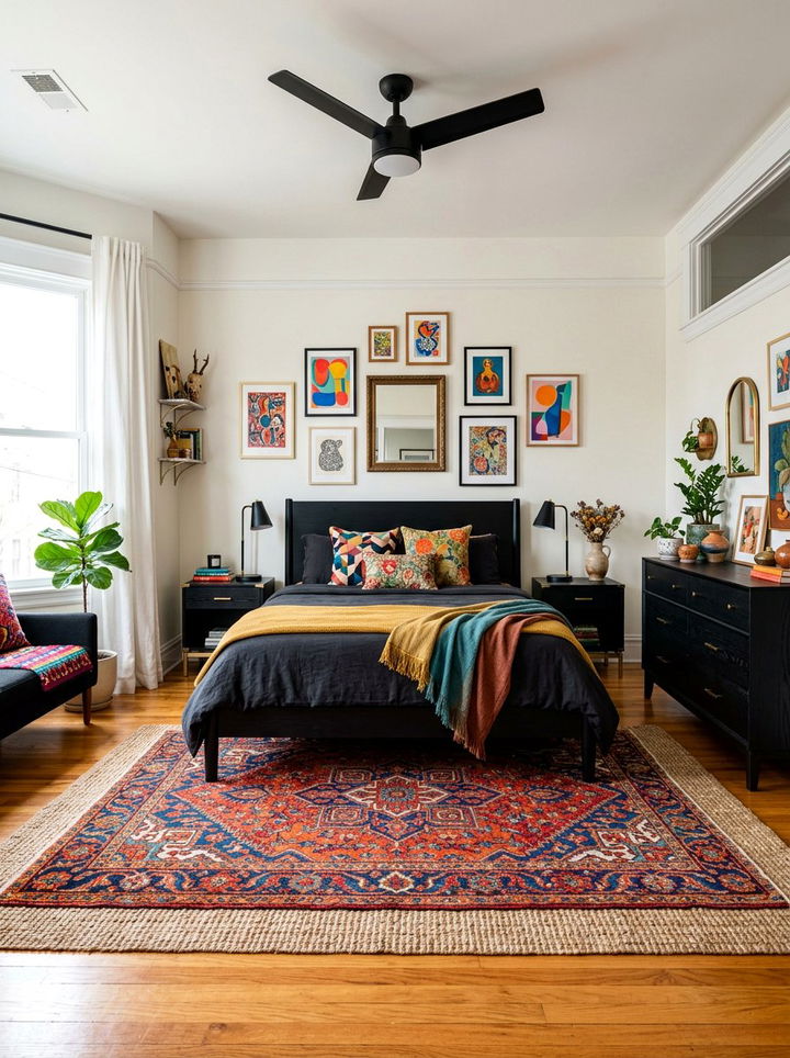 Eclectic bedroom colorful rugs black furniture - 30 bedroom black furniture ideas