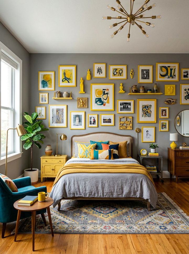 Eclectic gray yellow art bedroom - 30 gray yellow bedroom ideas