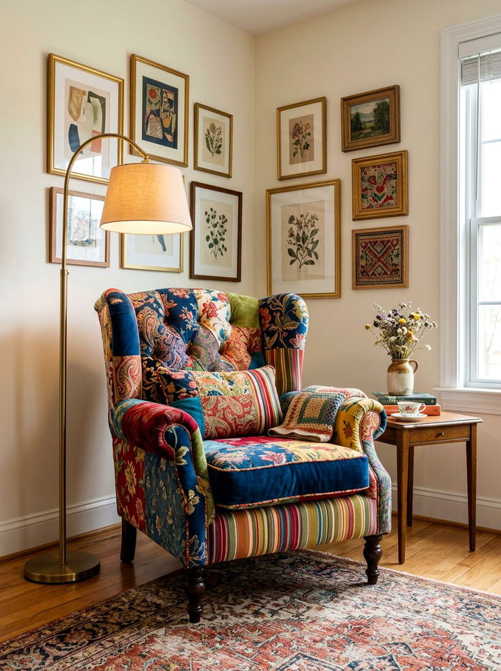 Eclectic patchwork armchair - 30 patchwork bedroom ideas