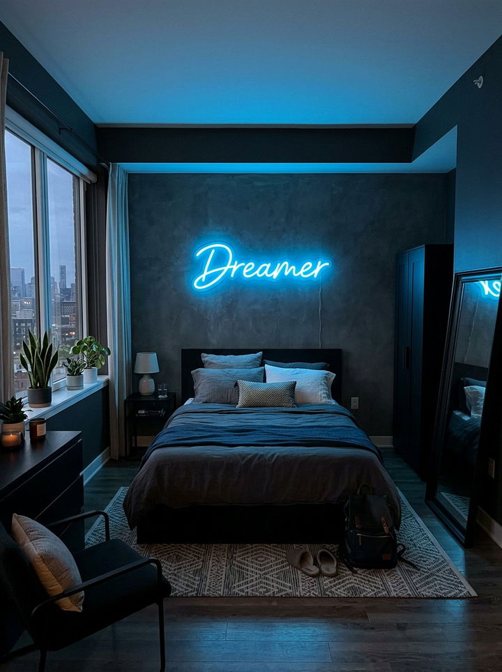 Electric Blue Neon Sign - 30 blue bedroom decor ideas