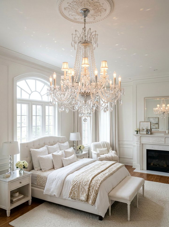 Elegant Crystal Chandelier - 30 traditional white bedroom ideas