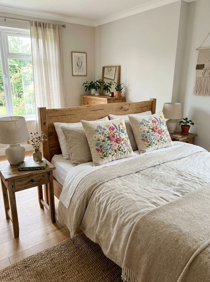 Embroidered Floral Pillows - 30 floral themed bedroom ideas