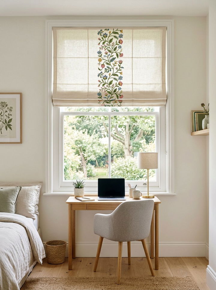 Embroidered Roman Shade - 30 embroidered bedroom ideas