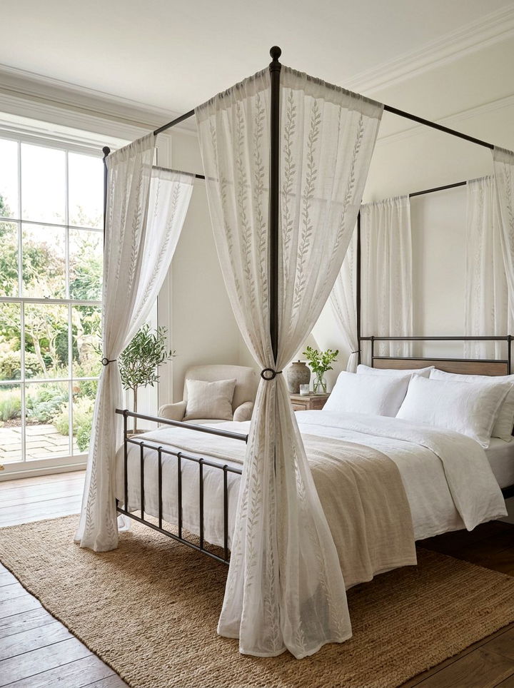 Embroidered Sheer Bed Drape - 30 embroidered bedroom ideas