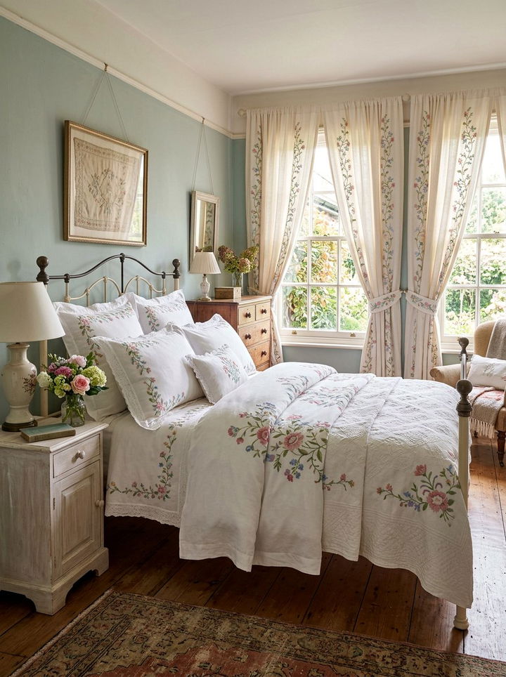 Embroidered linens - 30 grandmillennial bedroom ideas
