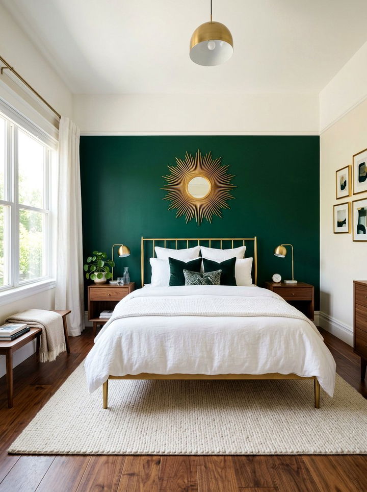 Emerald Green Accent Wall - 30 mid-century glam bedroom ideas