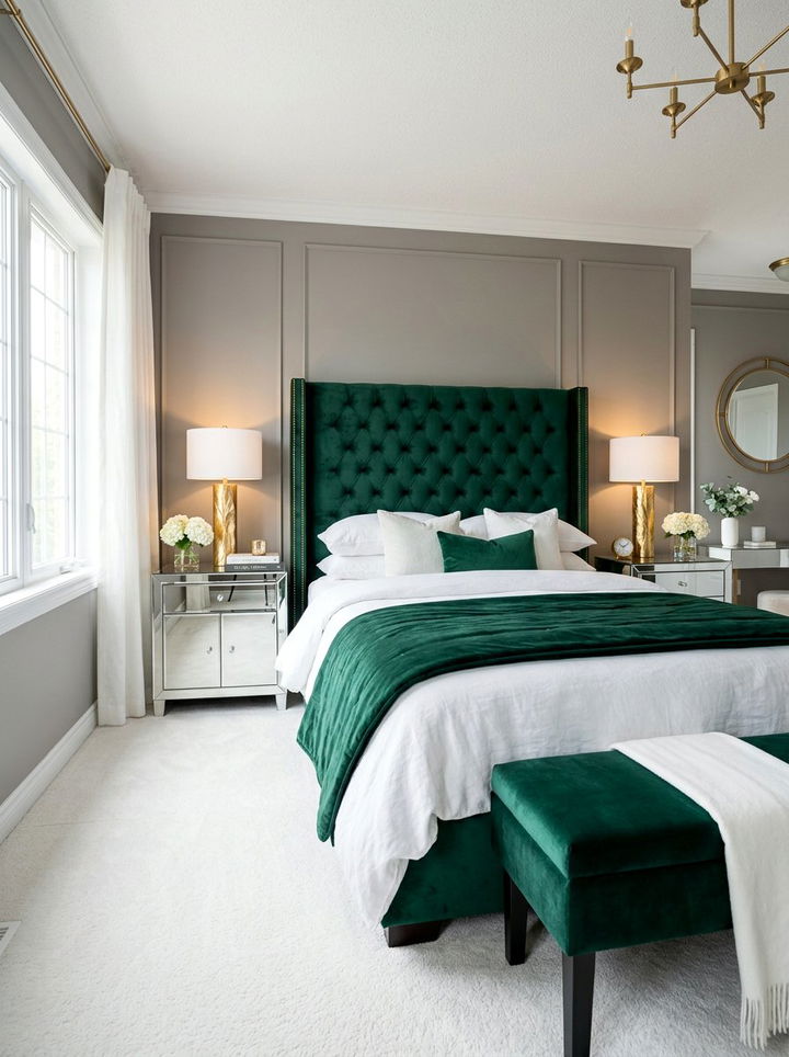 Emerald Green Velvet Headboard - 30 green bedroom decor ideas
