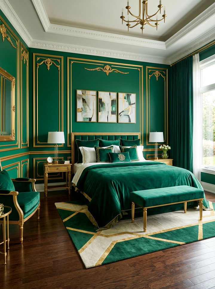 Emerald green and gold bedroom - 30 color block bedroom ideas