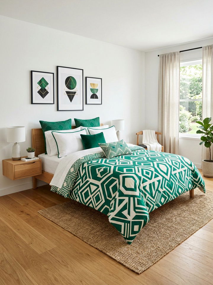 Emerald green and white geometric bedding - 30 emerald and white bedroom ideas