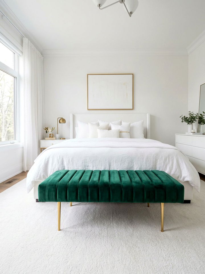 Emerald green bench at end of bed - 30 emerald and white bedroom ideas