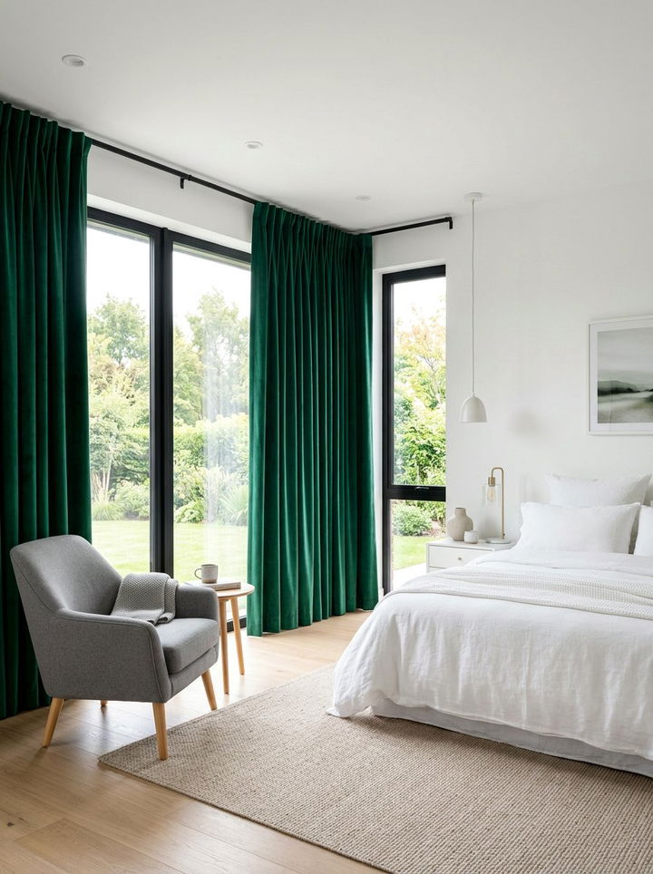 Emerald green curtains in white bedroom - 30 emerald and white bedroom ideas