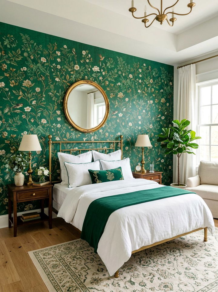 Emerald green floral wallpaper - 30 emerald and gold bedroom ideas