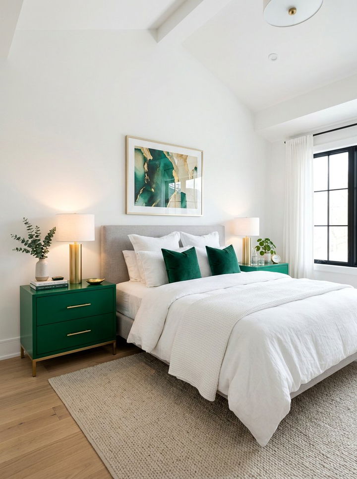Emerald green nightstand in white room - 30 emerald and white bedroom ideas