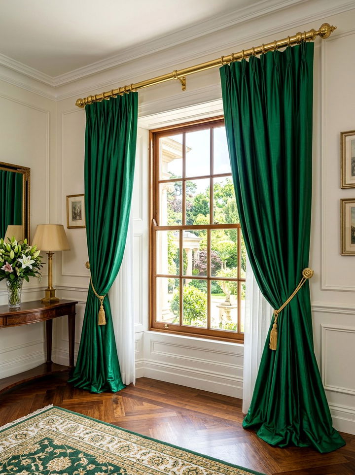 Emerald green silk curtains - 30 emerald and gold bedroom ideas