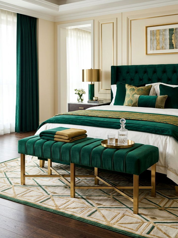 Emerald green upholstered bench - 30 emerald and gold bedroom ideas