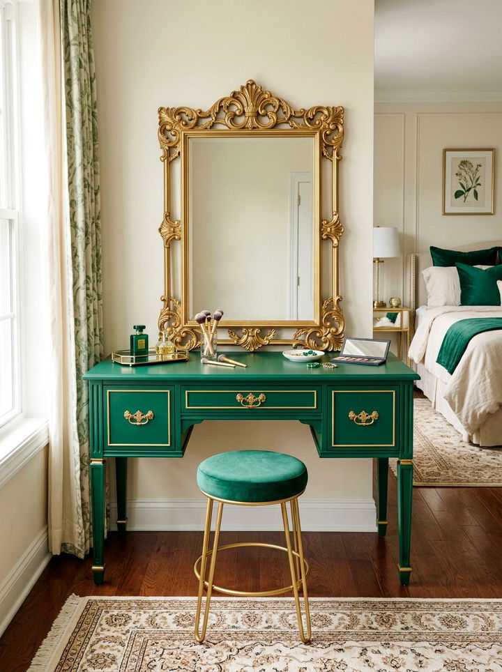 Emerald green vanity table - 30 emerald and gold bedroom ideas