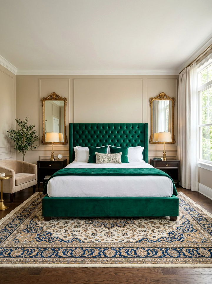 Emerald green velvet bed - 30 traditional green bedroom ideas