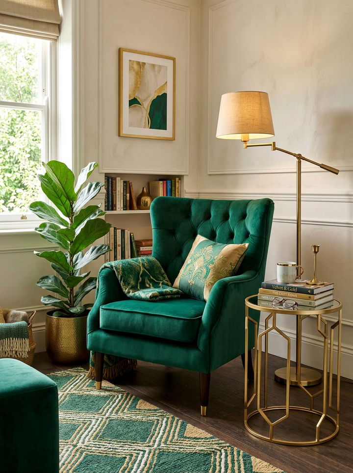 Emerald green velvet chair - 30 emerald and gold bedroom ideas