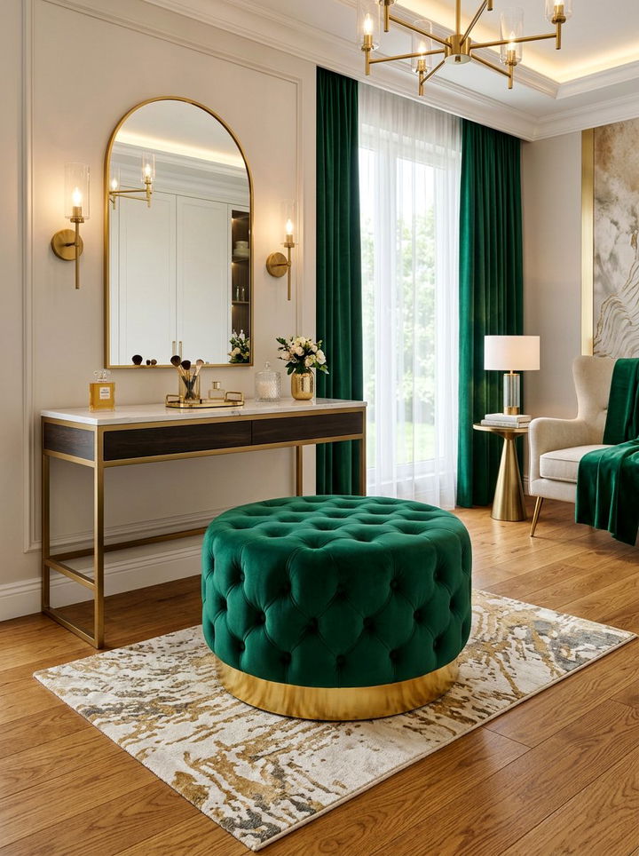 Emerald green velvet ottoman - 30 emerald and gold bedroom ideas