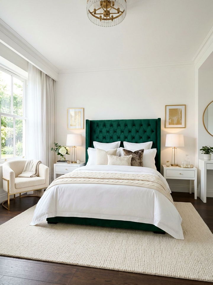 Emerald velvet headboard - 30 emerald and white bedroom ideas