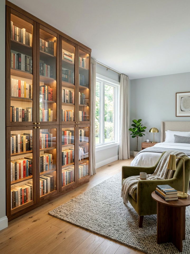 Enclosed bookshelf with glass - 30 dust-free bedroom ideas