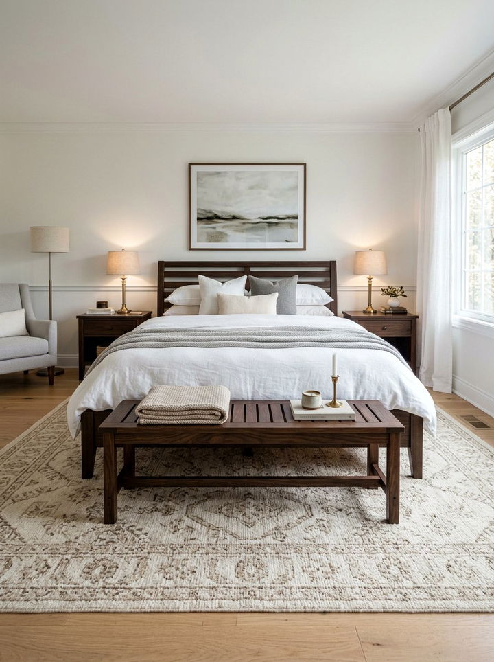 Espresso wood bench at foot of bed - 30 espresso bedroom ideas