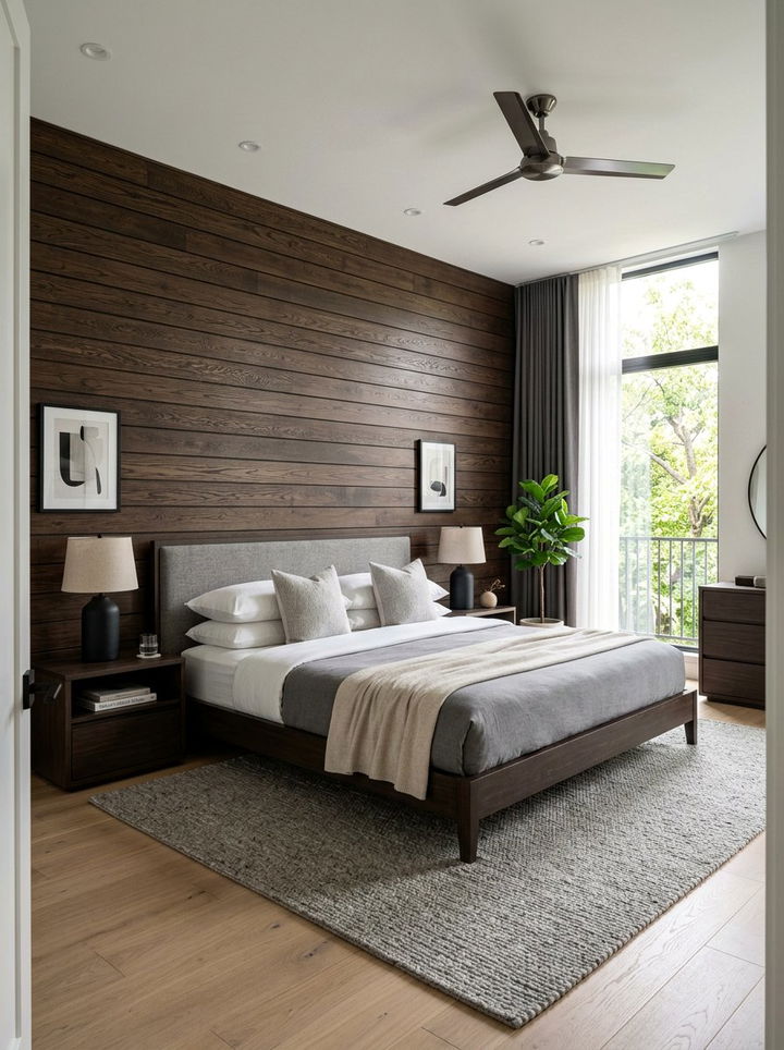 Espresso wood panel accent wall - 30 espresso bedroom ideas