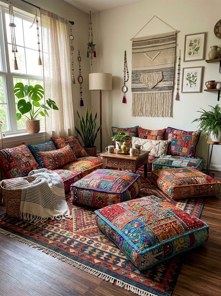 Ethnic patchwork floor cushions - 30 patchwork bedroom ideas