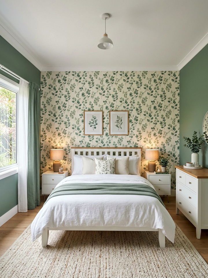 Eucalyptus Green Bedroom With Patterned Wallpaper - 30 eucalyptus green bedroom ideas