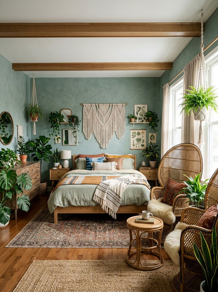 Eucalyptus Green Boho Bedroom - 30 bedroom green walls