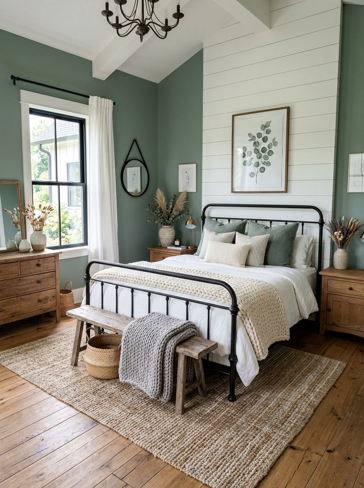 Eucalyptus Green Farmhouse Bedroom - 30 green bedroom decor ideas