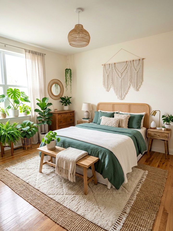 Eucalyptus green boho bedroom - 30 green and white bedroom ideas