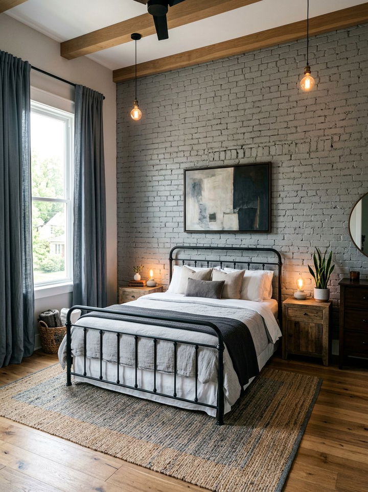 Exposed Brick Grey Bedroom - 30 industrial grey bedroom ideas