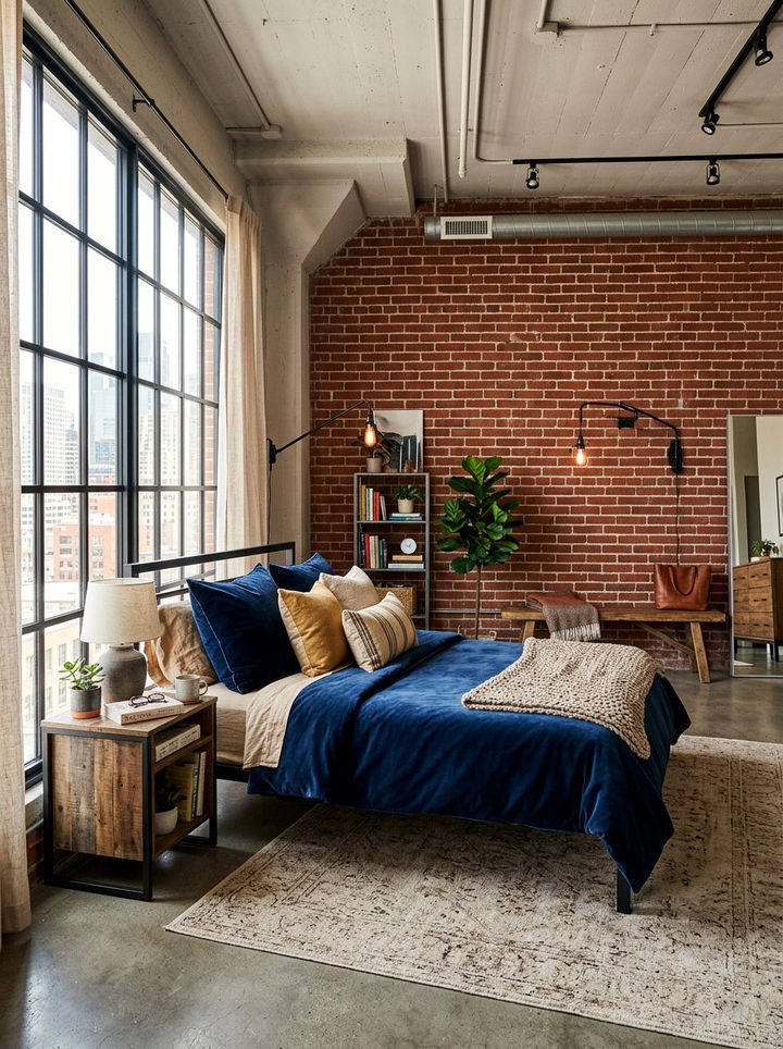 Exposed Brick Navy Bedroom - 30 industrial navy bedroom ideas