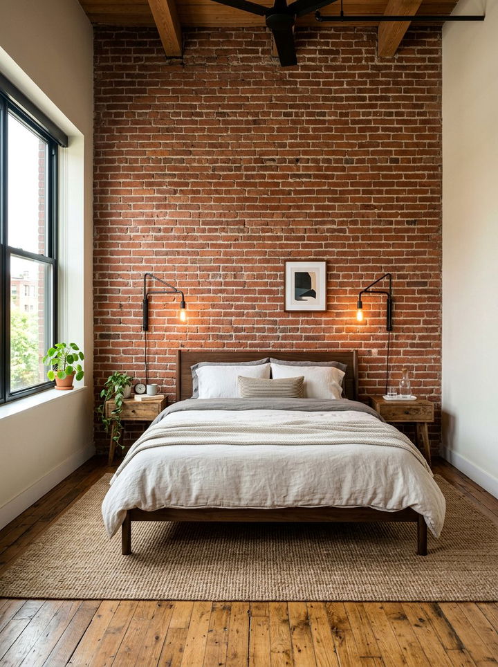 Exposed Brick Wall - 30 mid-century modern bedroom ideas
