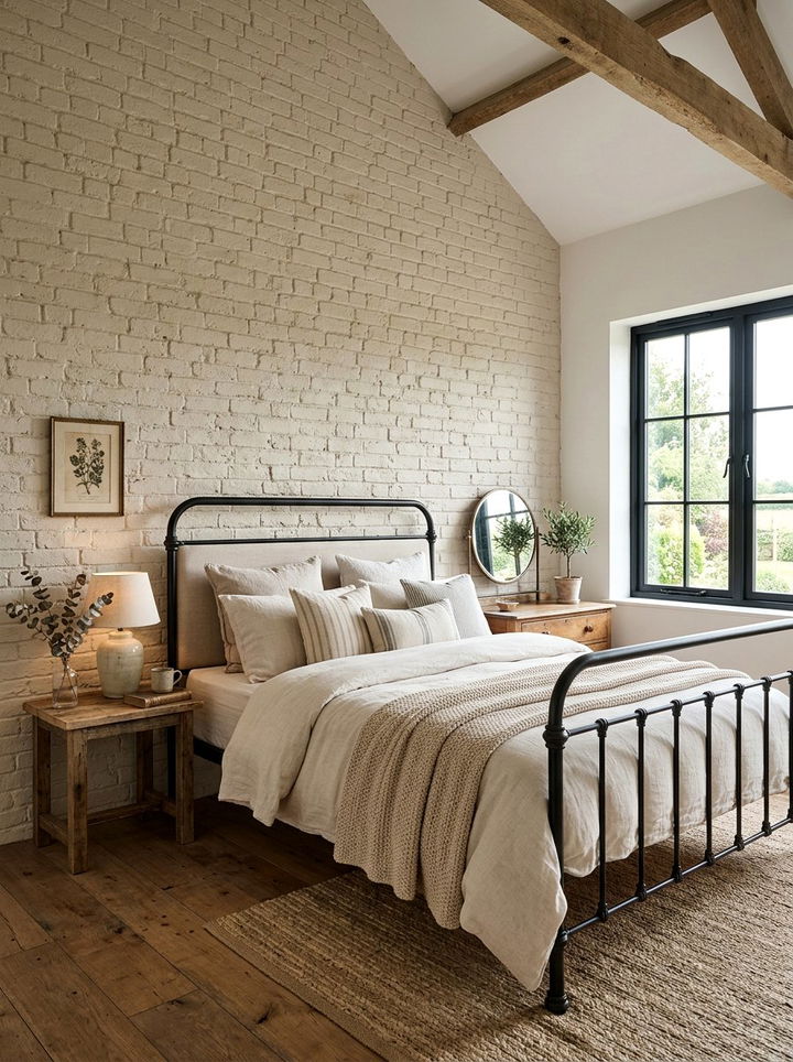 Exposed Brick Wall - 30 farmhouse beige bedroom ideas