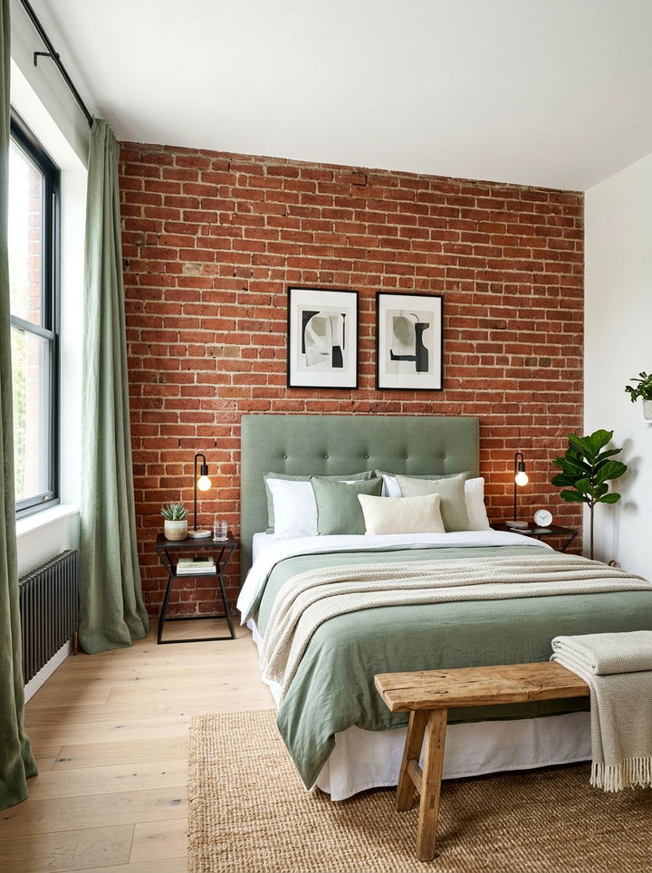 Exposed Brick With Sage Green - 30 industrial green bedroom ideas