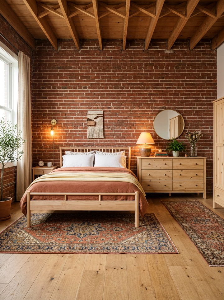 Exposed Brick and Pine Bedroom - 30 mixed material bedroom ideas