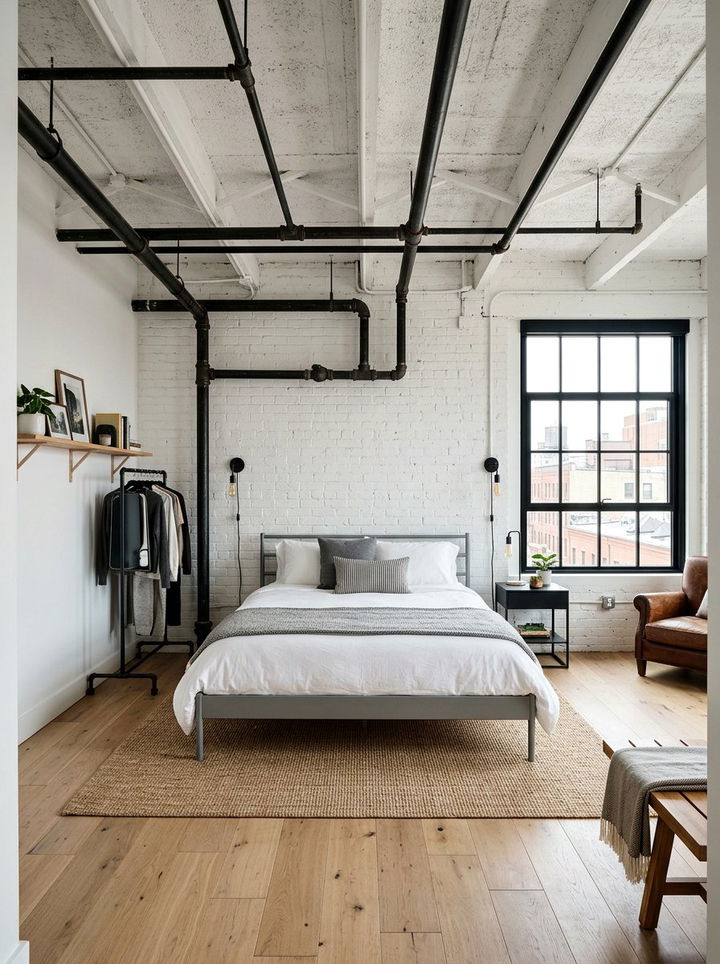 Exposed Pipes White Industrial Bedroom - 30 industrial white bedroom ideas
