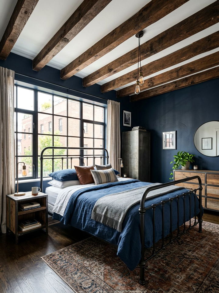 Exposed Wood Beams Navy - 30 industrial navy bedroom ideas