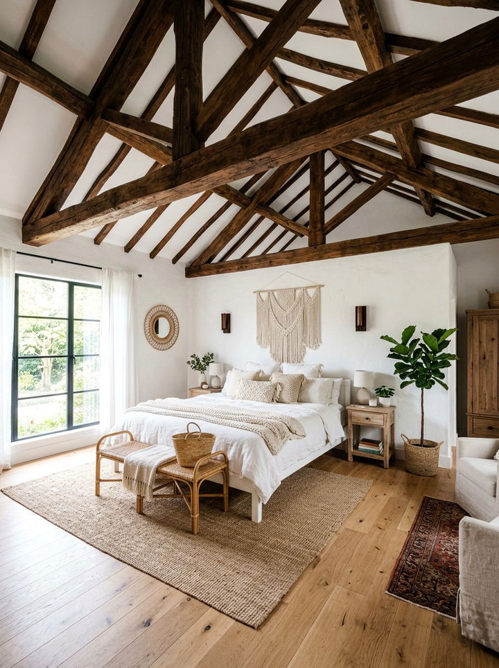 Exposed Wood Beams - 30 bohemian white bedroom ideas