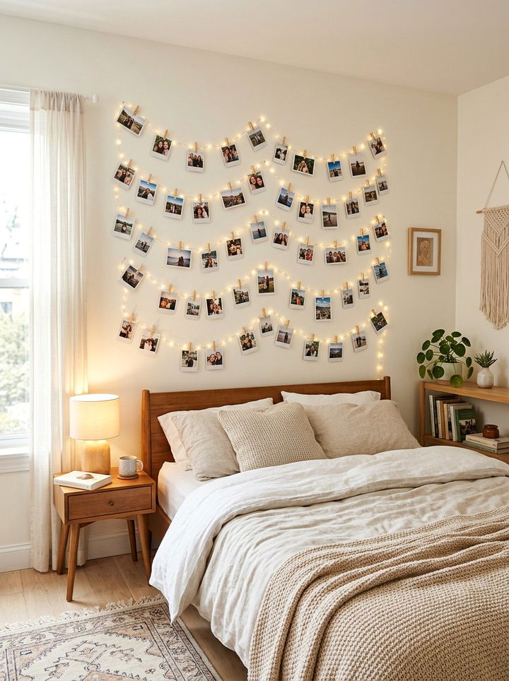 Fairy Light Photo Display - 30 DIY bedroom decor ideas
