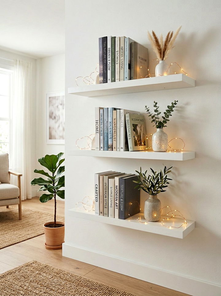 Fairy Lights On Floating Shelves - 30 bedroom fairy lights ideas
