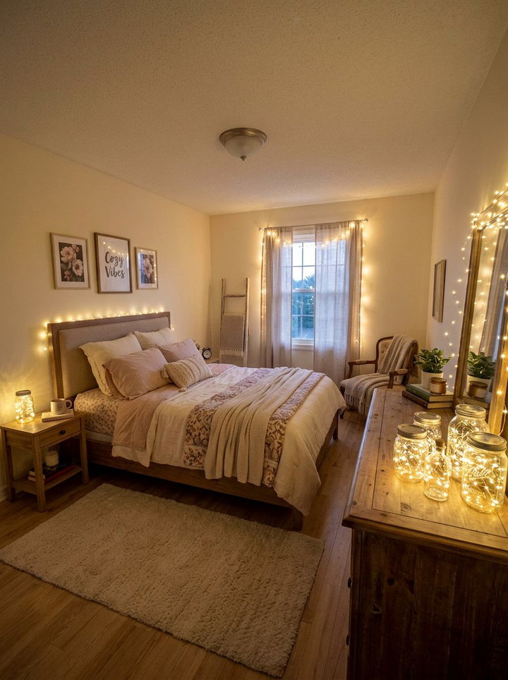 Fairy light jars - 30 cheap bedroom ideas