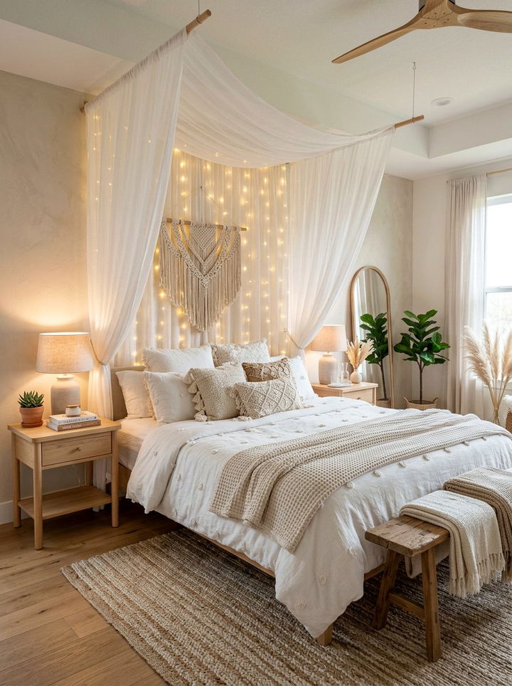 Fairy lights behind bed curtain - 30 bedroom string lights ideas