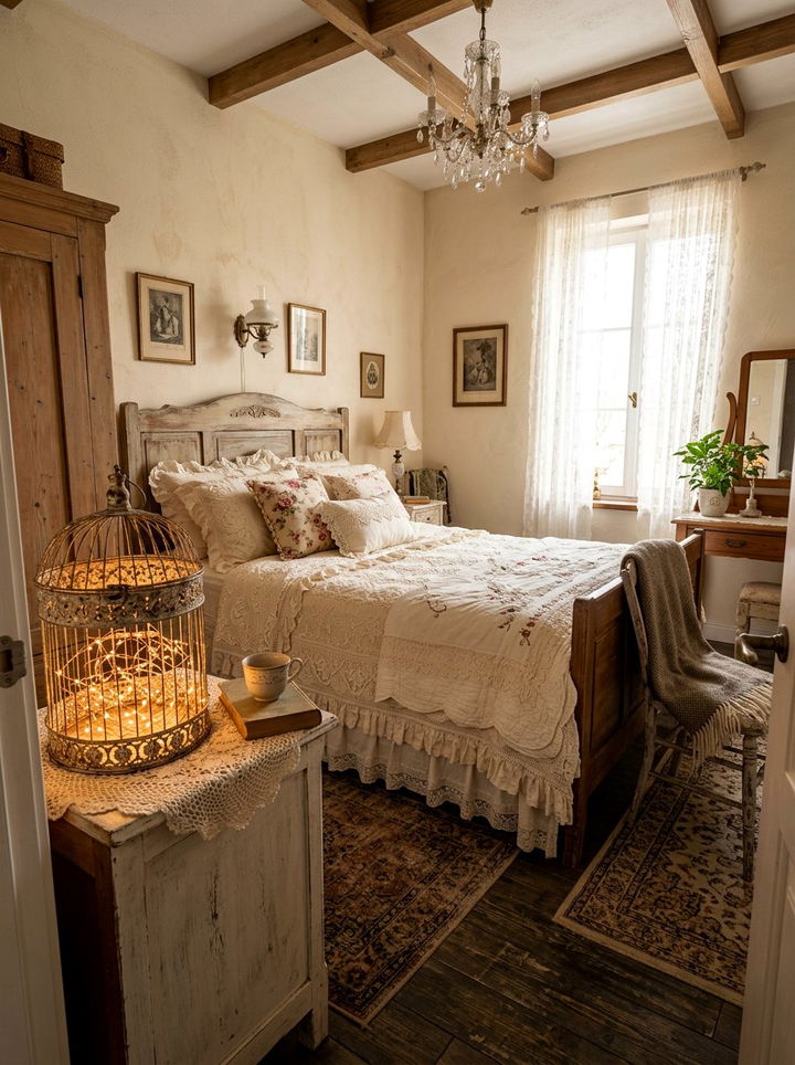 Fairy lights in birdcage decor - 30 bedroom string lights ideas