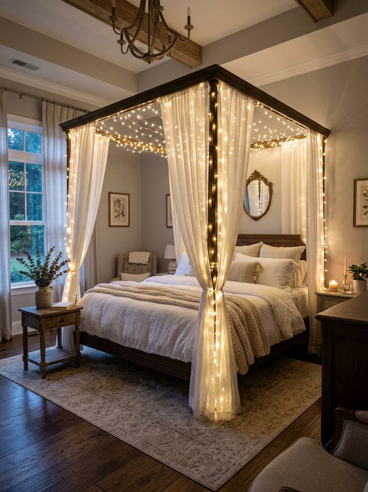 Fairy lights on bed frame - 30 bedroom string lights ideas