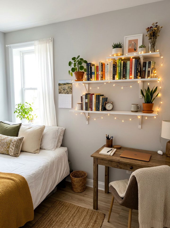 Fairy lights on floating shelves - 30 bedroom string lights ideas