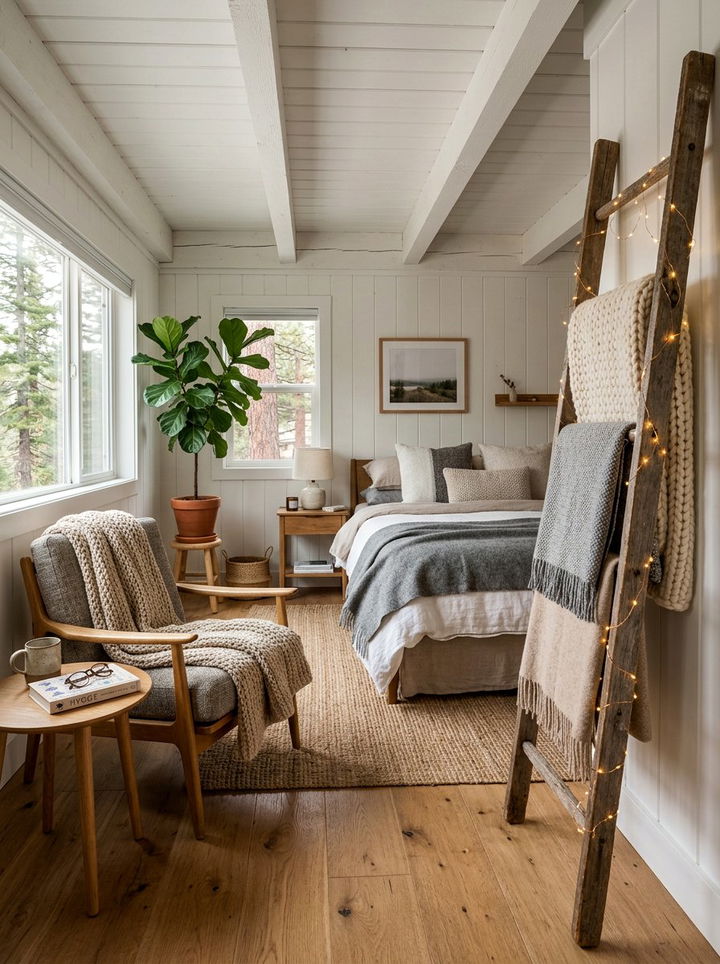 Fairy lights on wooden ladder - 30 bedroom string lights ideas