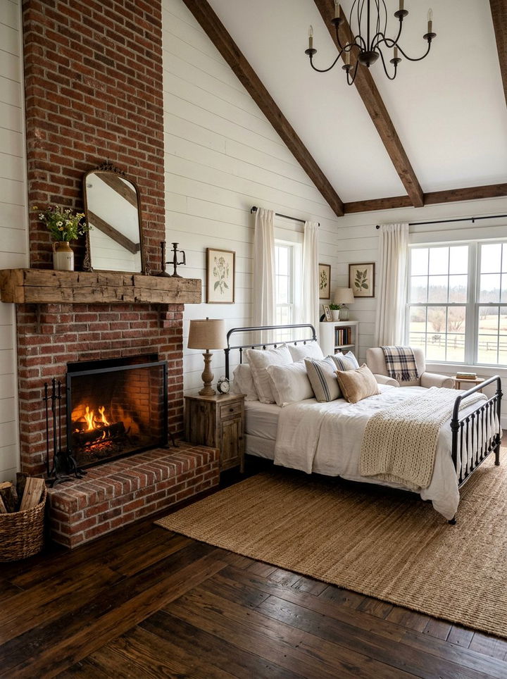 Farmhouse Bedroom With Brick Fireplace - 30 bedroom with fireplace ideas